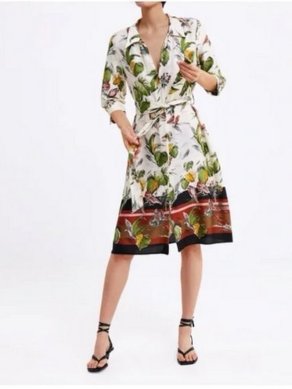 Zara Tropical Parrot  Botanical Print Shirt Dress with Belt Size Small